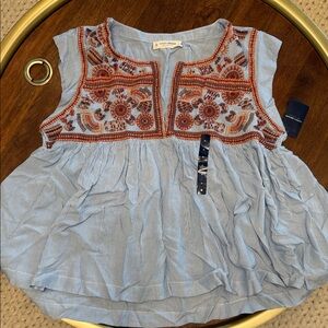 Lucky Brand Embroidered Blue Sleeveless Top